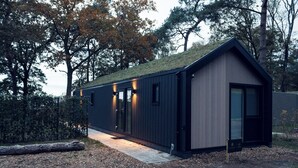 Un edificio moderno de color oscuro con techo inclinado, ventanas amplias y un pequeño porche.