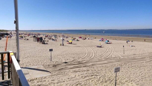 A beach with a clear sky, sandy shore, and a few umbrellas. - Bungalow in Zuytland by Water and Nature (Simonshaven)