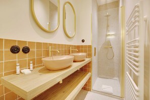 Shower, hair dryer, towels