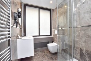 Shower, hair dryer, towels