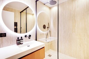 Shower, hair dryer, towels