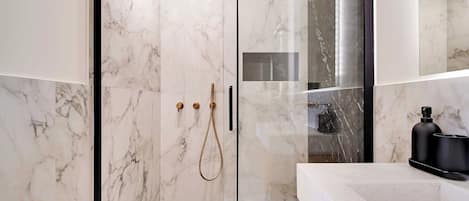 Shower, hair dryer, towels