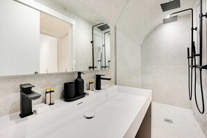 Shower, hair dryer, towels