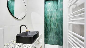 Regadera, secadora de cabello, toallas