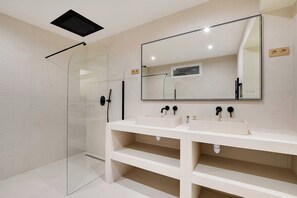 Shower, hair dryer, towels