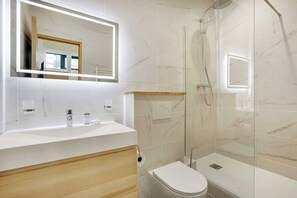 Shower, hair dryer, towels