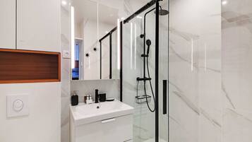 Shower, hair dryer, towels