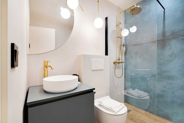 Douche, séchoir à cheveux, serviettes fournies