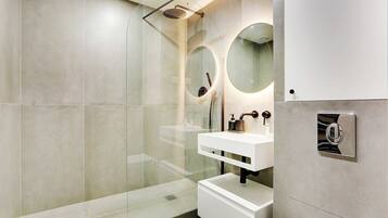 Ducha, secador de pelo, toallas, shampoo