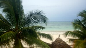 A beach with palm trees and a thatched hut. - AMANI BEACH VILLA (Bwejuu)