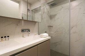 Shower, hair dryer, towels