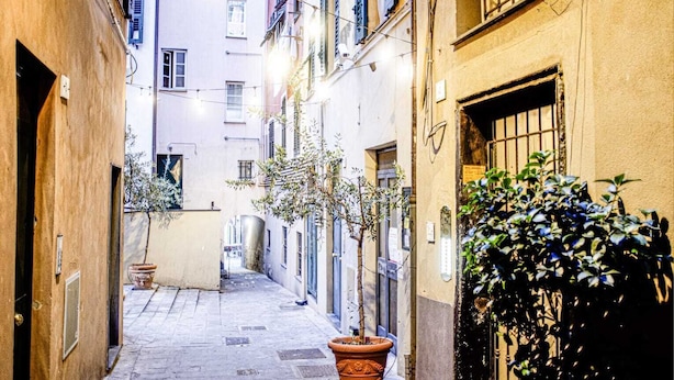 Un callejón estrecho flanqueado por edificios, con macetas y una puerta a la derecha.