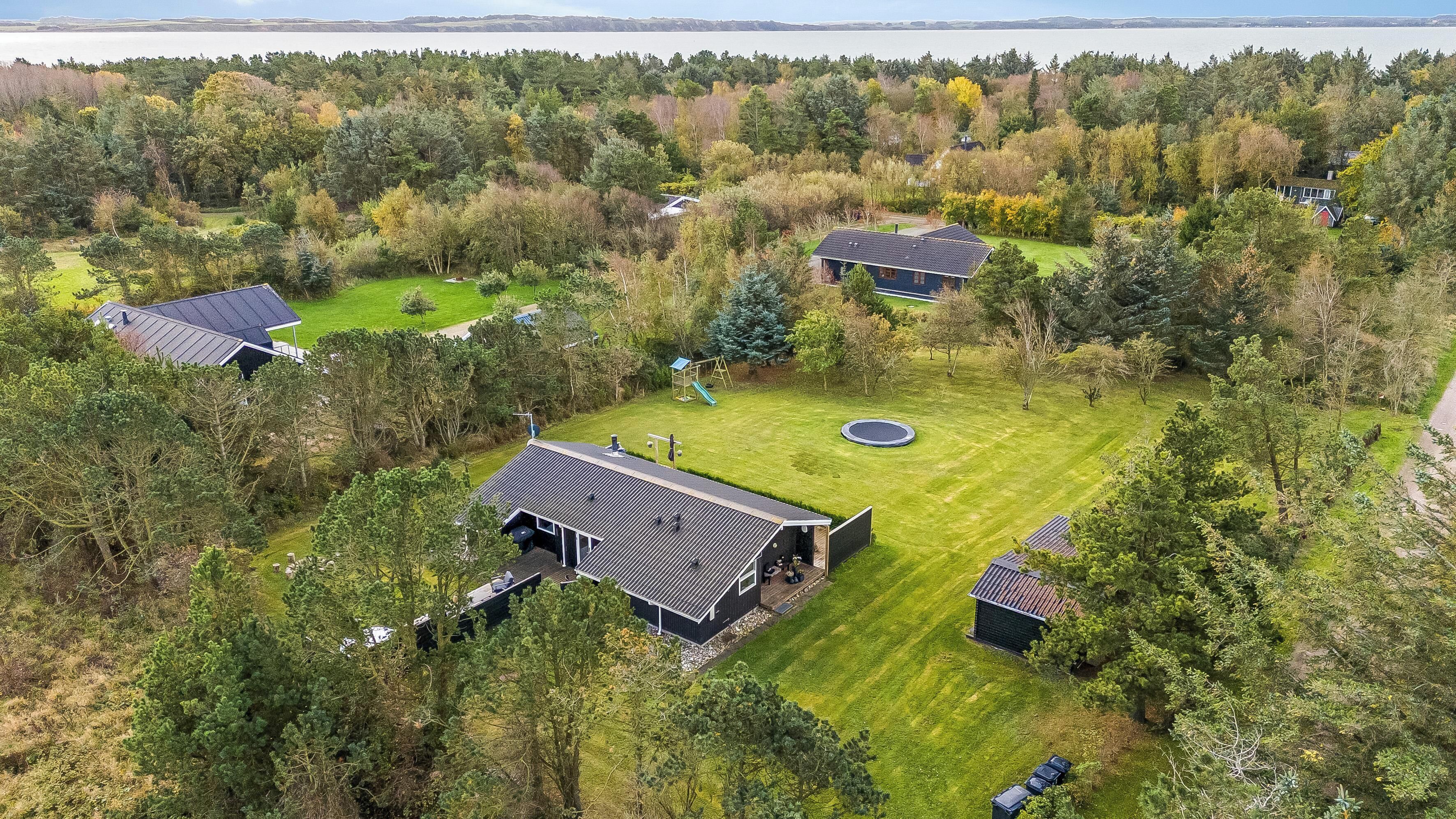 An aerial view of a residential area with multiple houses, a playground, and a large body of water in the background.