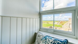 Ein Zimmer mit Blick auf eine ländliche Landschaft durch ein Fenster, einem weißen Heizkörper und einem Kissen mit Muster.