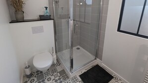 A modern bathroom with a glass-enclosed shower, a toilet, and a sink. - Gîte 1 Les Ratys: charm, tranquility and comfort near Orleans (Chaingy)