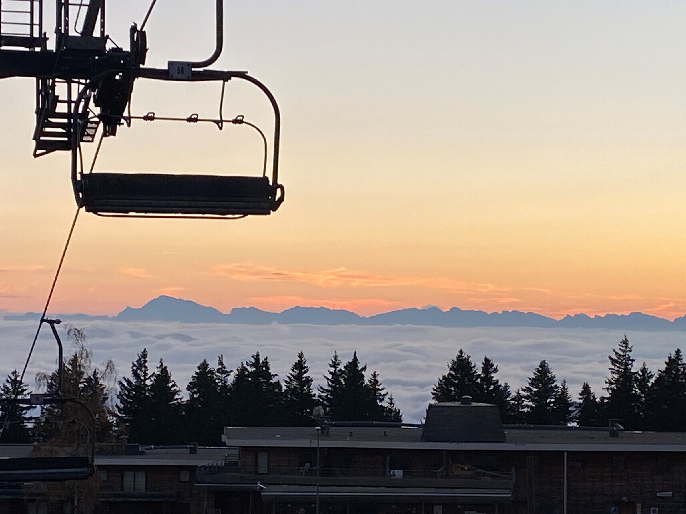 Un asiento de telesilla suspendido sobre un área boscosa, con montañas al fondo.
