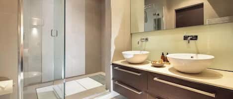 Shower, hair dryer, towels, toilet paper
