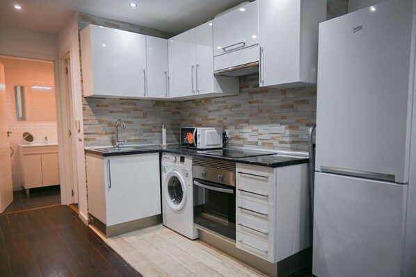 Fridge, microwave, oven, electric kettle