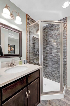 Shower, hair dryer, towels