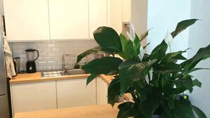 Une cuisine de taille réduite avec des meubles blancs, un plan de travail en bois et une plante en pot.