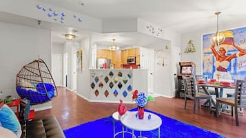 Smart TV, fireplace, video games, video library