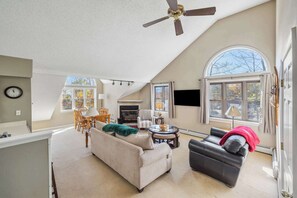 Televisio, takka, työhuone