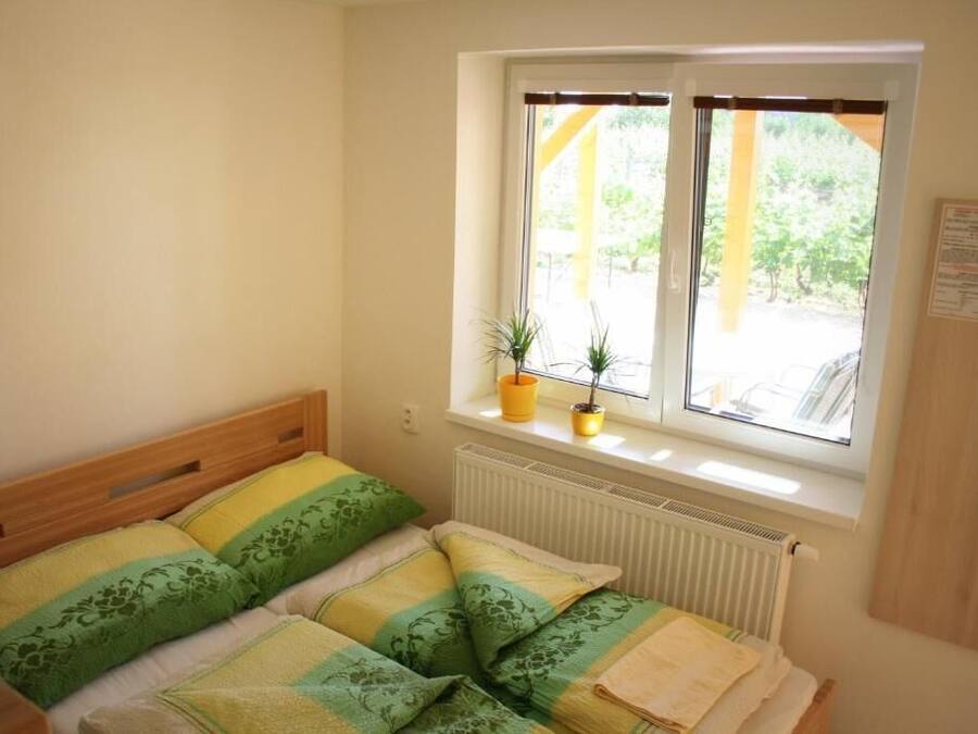 A bedroom with a wooden headboard, a bed with green and yellow bedding, a window with two potted plants, and a white radiator.