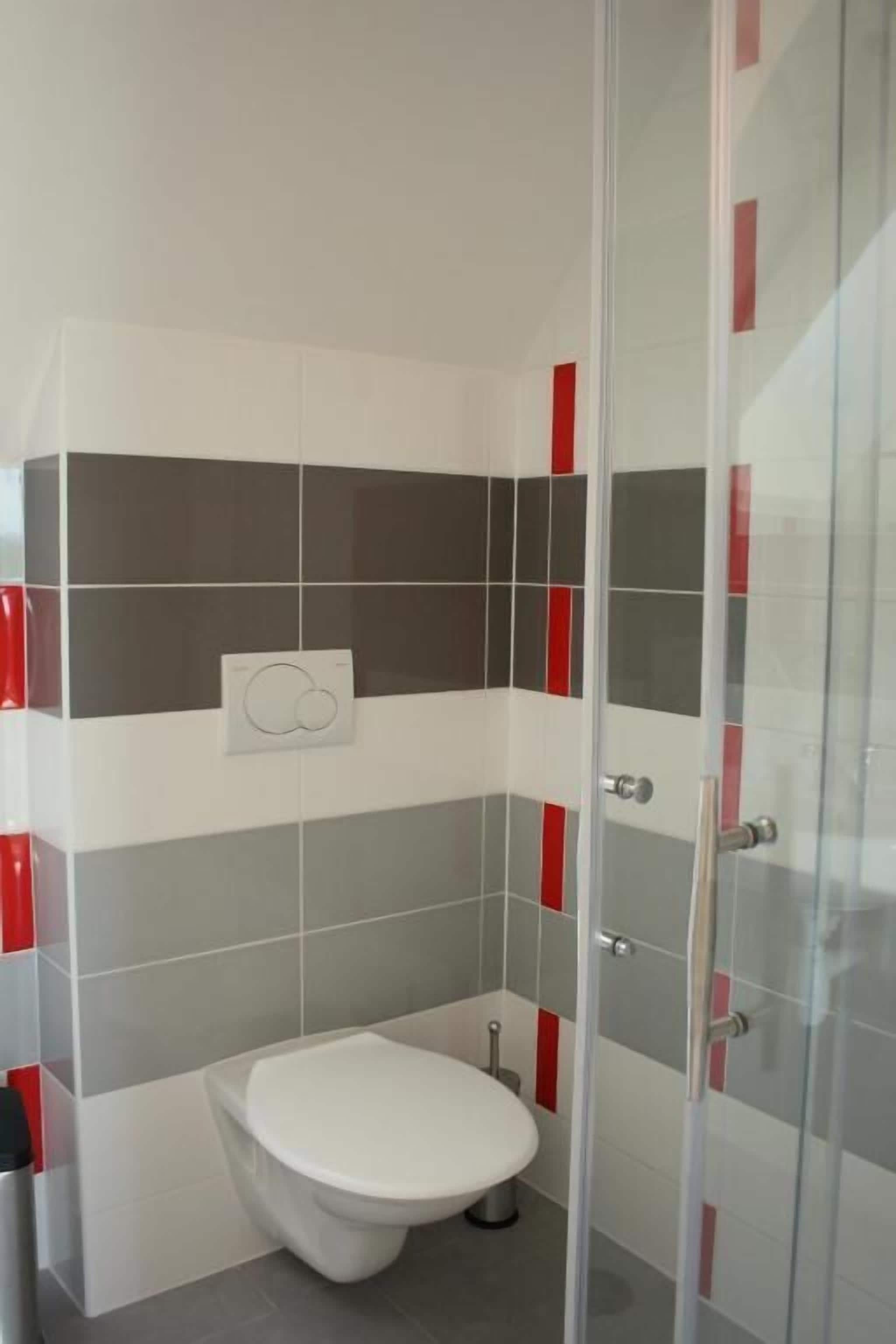A small bathroom with a toilet, a shower, and a glass door.