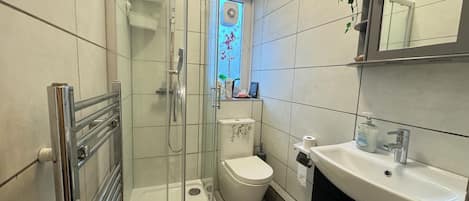 Shower, hair dryer, towels