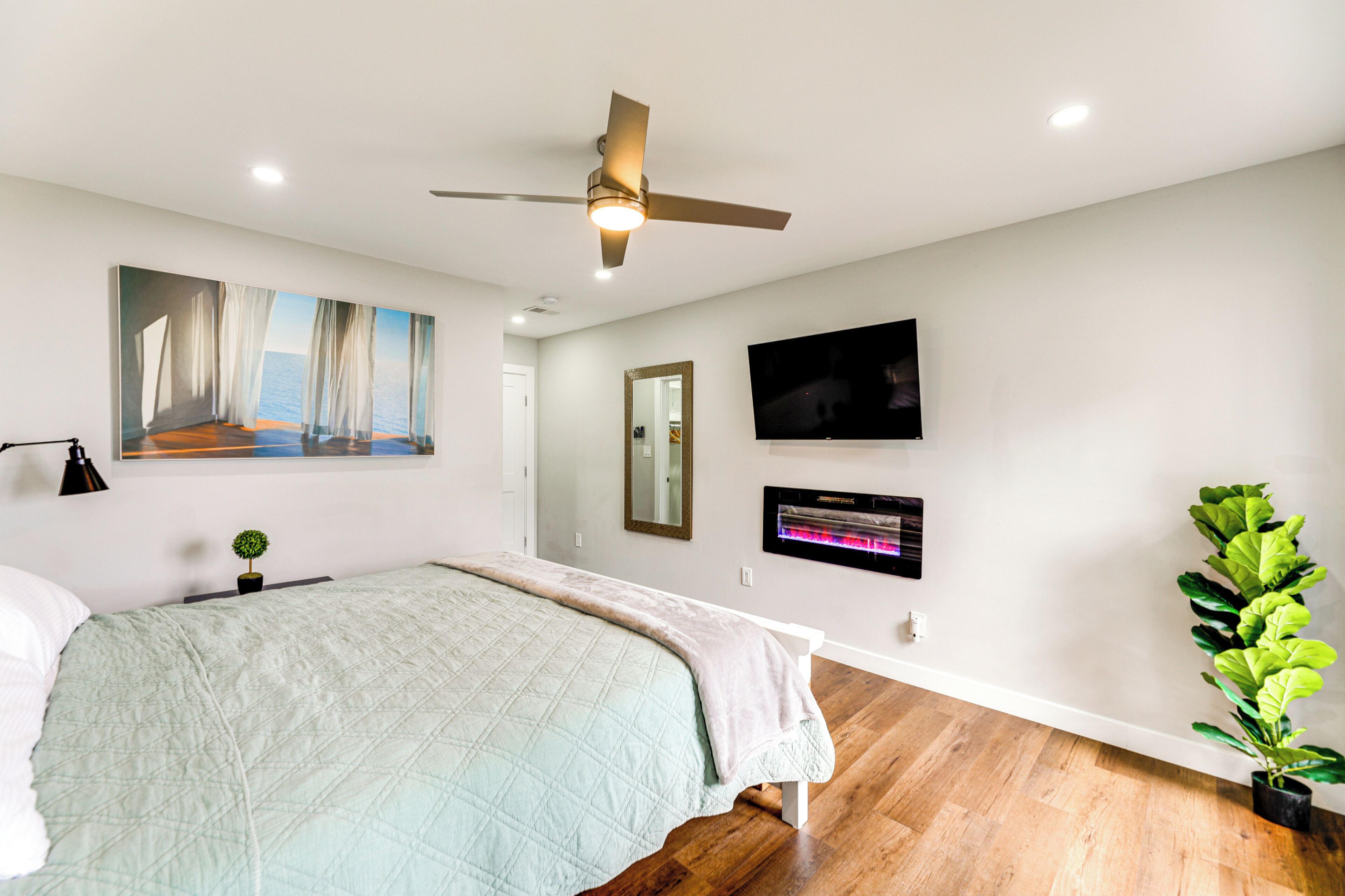A bedroom with a bed, a ceiling fan, a painting, a TV, a mirror, and a plant.