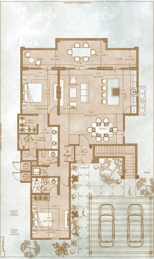 A floor plan of a house with a master bedroom, two bathrooms, a living room, a dining area, a kitchen, and a small courtyard with a garden.