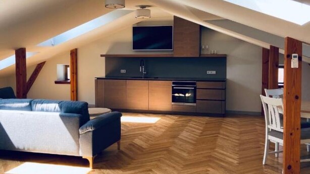 A spacious attic room with a herringbone wooden floor, a sofa, a TV, and a kitchenette.