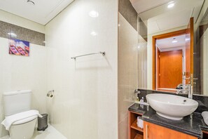 Hair dryer, towels, soap, shampoo