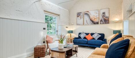 Smart-tv, eldstad och böcker