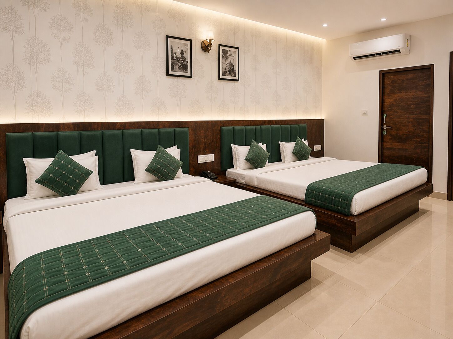 A hotel room with two beds, a wooden headboard, a wall-mounted air conditioner, and framed pictures.