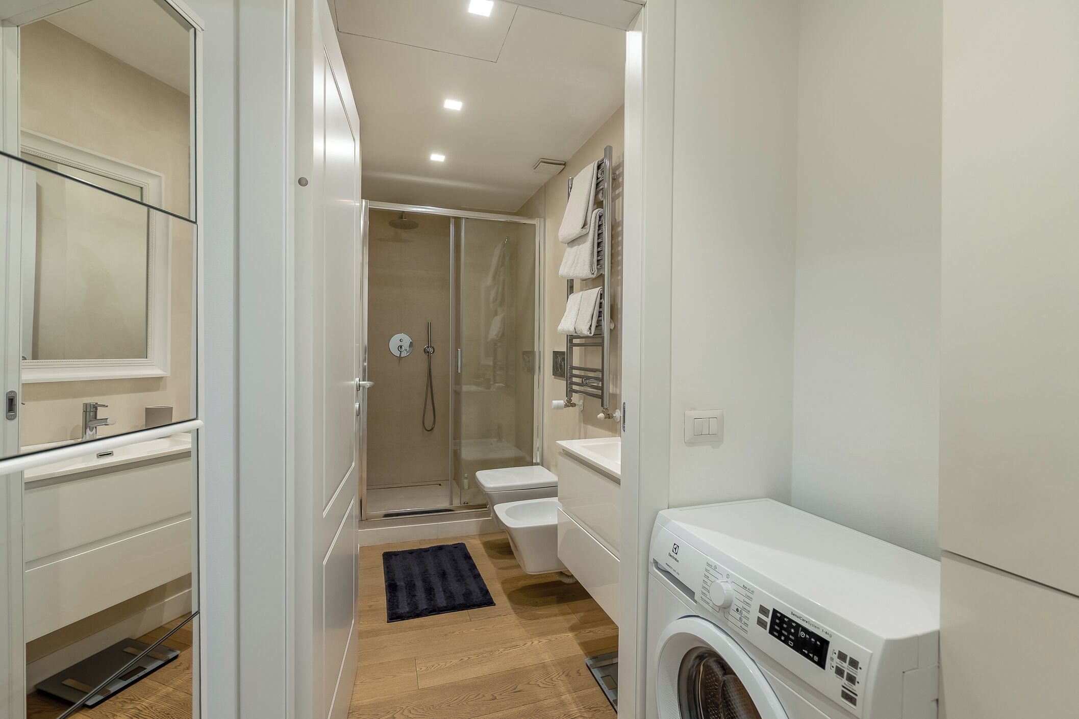 Shower, hair dryer, bidet, towels