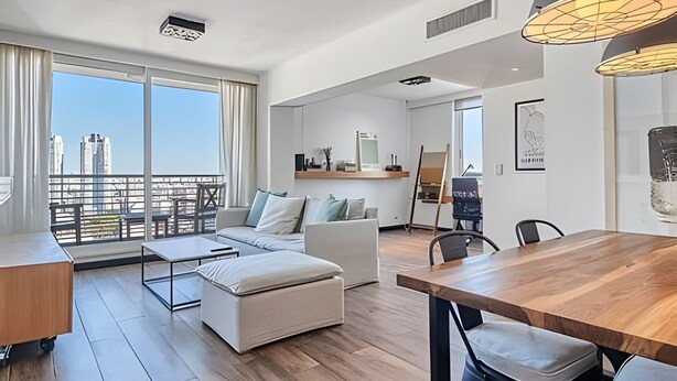 Un salon moderne avec balcon, un coin repas et un espace de travail.