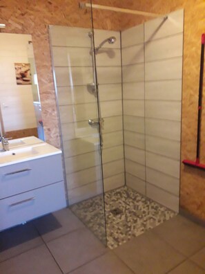 Shower, hair dryer, toilet paper