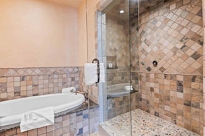 Shower, jetted tub, hair dryer, towels
