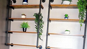 A dining area with a wooden table and benches, a wall-mounted shelf with plants, and a hanging plant. - Charming 2-bedroom house in fantastic Las Vegas with AC, WiFi Casita los Hermano (Las Vegas)