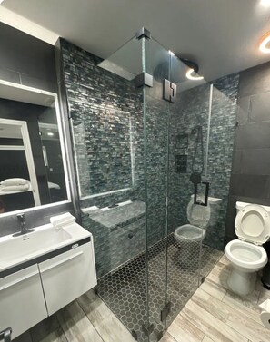 Douche, séchoir à cheveux, bidet, serviettes fournies