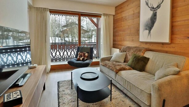 A cozy living room with a sofa, a coffee table, a TV, and a balcony with a view of trees and buildings. - Wifi, Ground floor, balcony, tv, 43m², Les Gets (Les Gets)