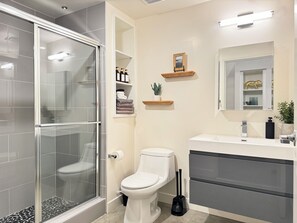 Hair dryer, towels, soap, shampoo