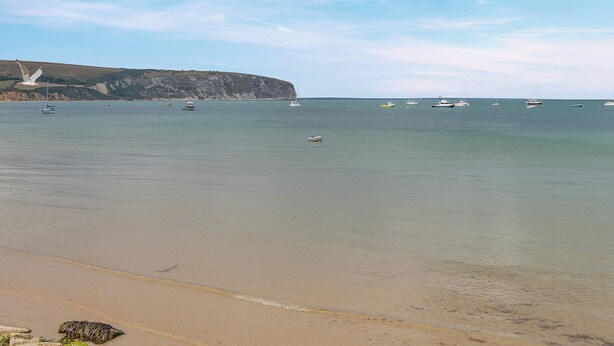 A beach with boats in the water and a cliff in the background. - 1 bedroom accommodation in Swanage (Swanage)