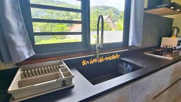 Fridge, microwave, oven, coffee/tea maker