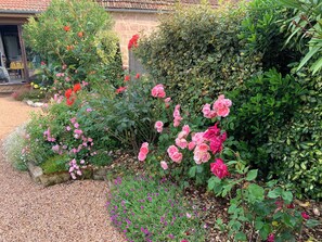 A garden with various flowering plants and shrubs, a gravel path, and a building with a tiled roof in the background. - Maison de Charme**** with swimming pool and spectacular view (Curemonte)