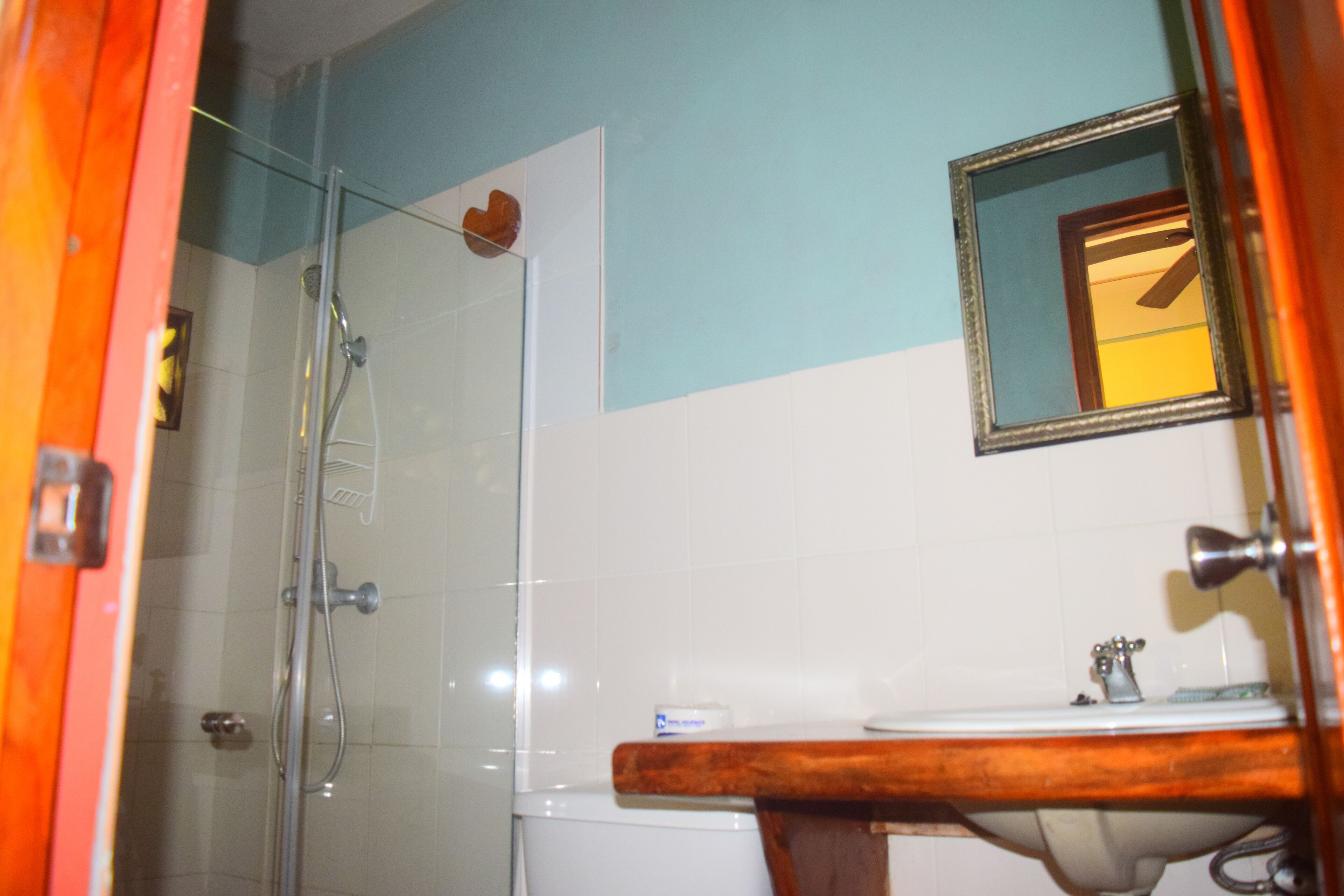 Une salle de bain avec une douche à parois de verre, des toilettes blanches et un meuble-lavabo en bois avec un miroir.