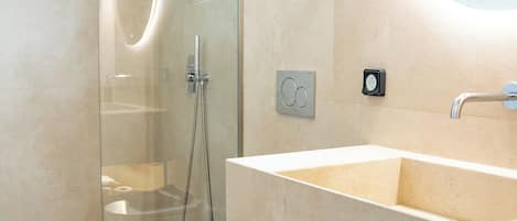 Deluxe Triple Room, Balcony, Sea View | Bathroom | Shower, hair dryer, towels, soap
