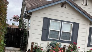 Une maison avec un chemin menant à la porte d’entrée, entourée d’un jardin où poussent différentes plantes et fleurs.
