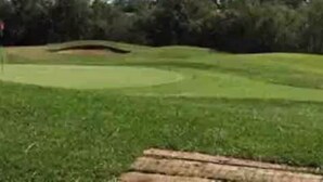 Un parcours de golf doté d’un green d’entraînement, de bunkers de sable et d’un mât de drapeau.
